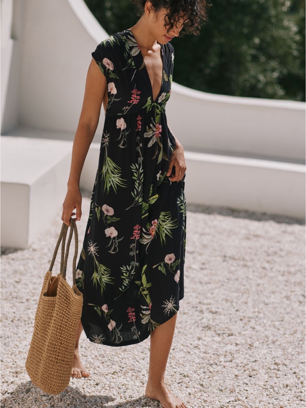 Anthropologie Malai Nobel Black Floral Maxi Dress with Pink and Green Print
